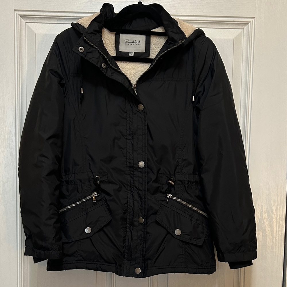 Snobbish Collection Black Parka Jacket With Detachable Hood Fleece Lining Size M
